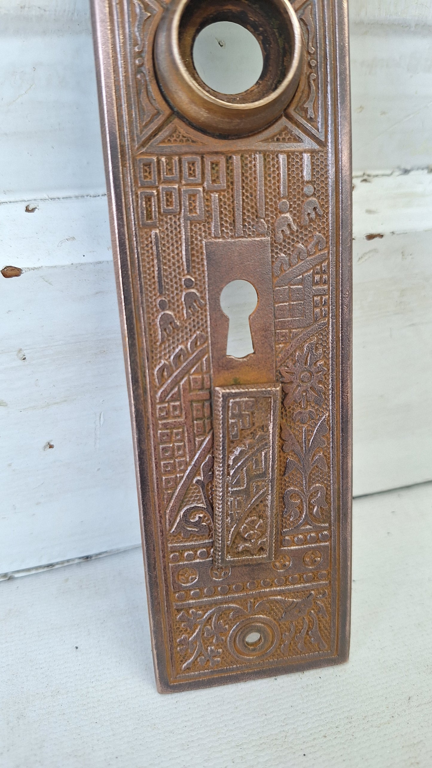 Eastlake Bronze Plate with Double Keyhole, Ceylon Pattern Entry Door Knob Backplate