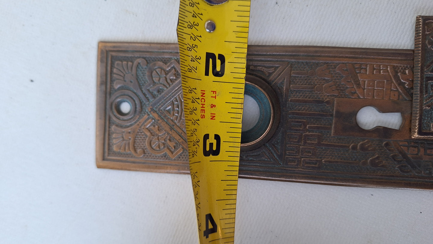 Eastlake Bronze Plate with Double Keyhole, Ceylon Pattern Entry Door Knob Backplate