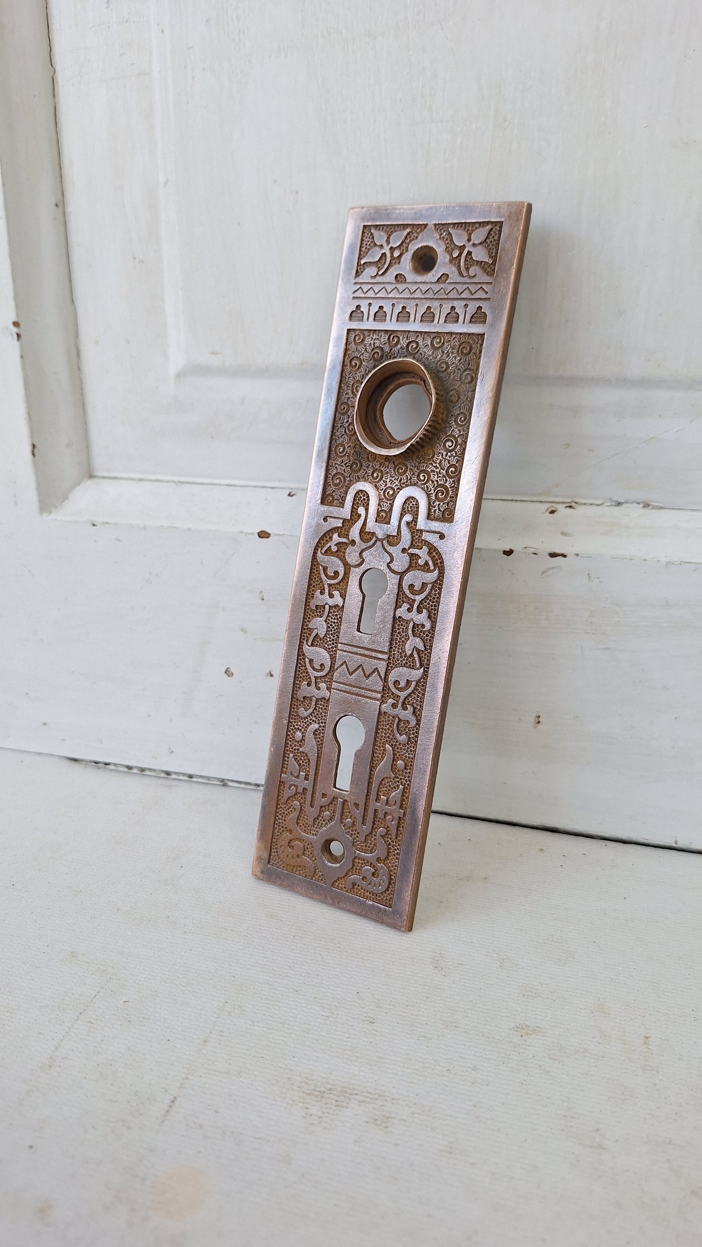 Ornate Bronze Exterior Door Plate, Antique Doorknob BackPlate Double Keyhole