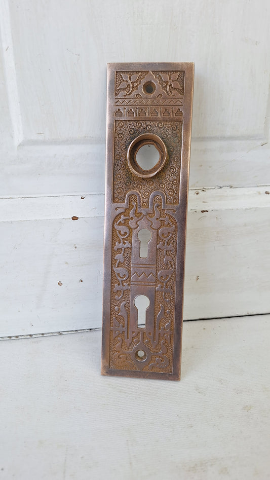 Ornate Bronze Exterior Door Plate, Antique Doorknob BackPlate Double Keyhole