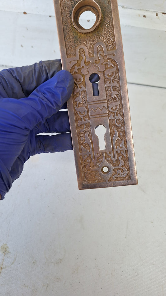 Ornate Bronze Exterior Door Plate, Antique Doorknob BackPlate Double Keyhole