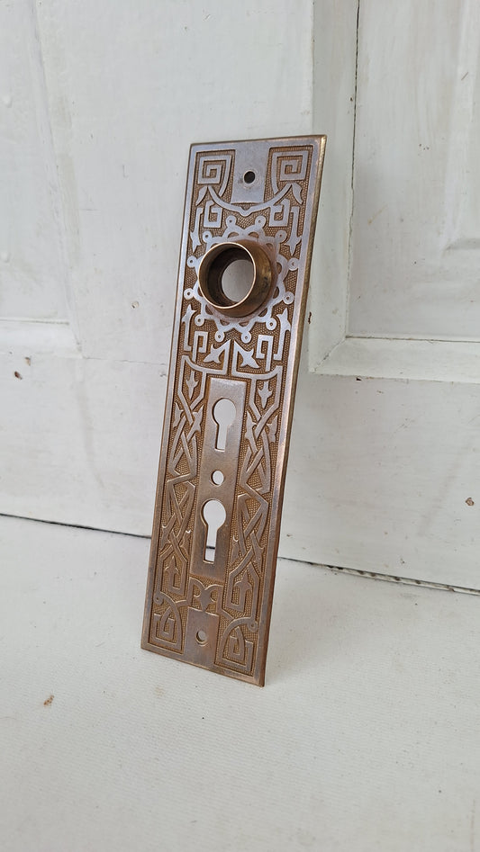 Large Bronze Victorian Exterior Back Plate, Eastlake Escutcheon with Double Keyhole