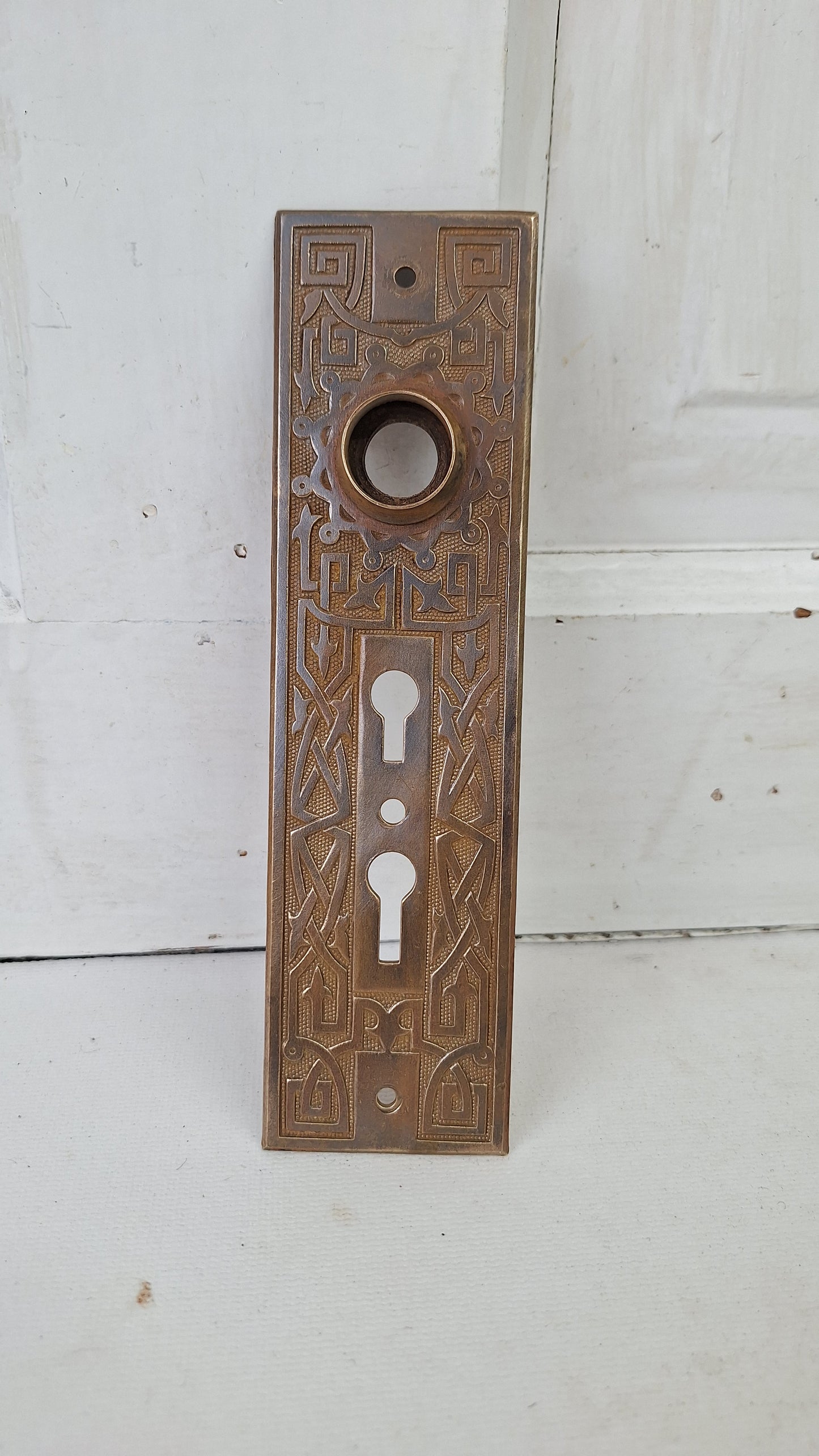 Large Bronze Victorian Exterior Back Plate, Eastlake Escutcheon with Double Keyhole