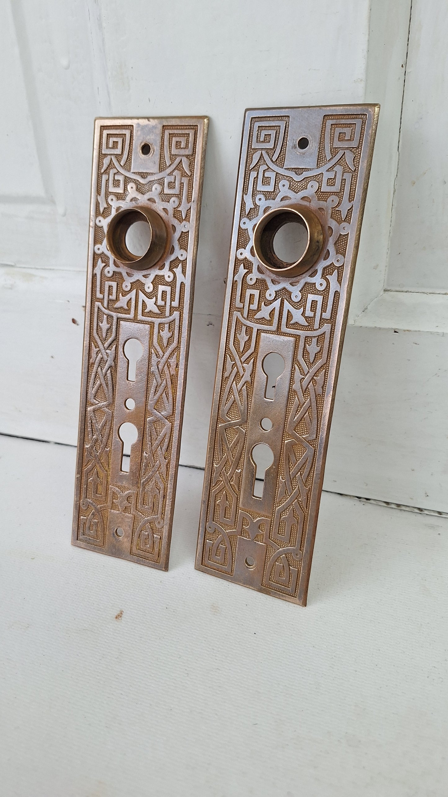 Large Bronze Victorian Exterior Back Plate, Eastlake Escutcheon with Double Keyhole