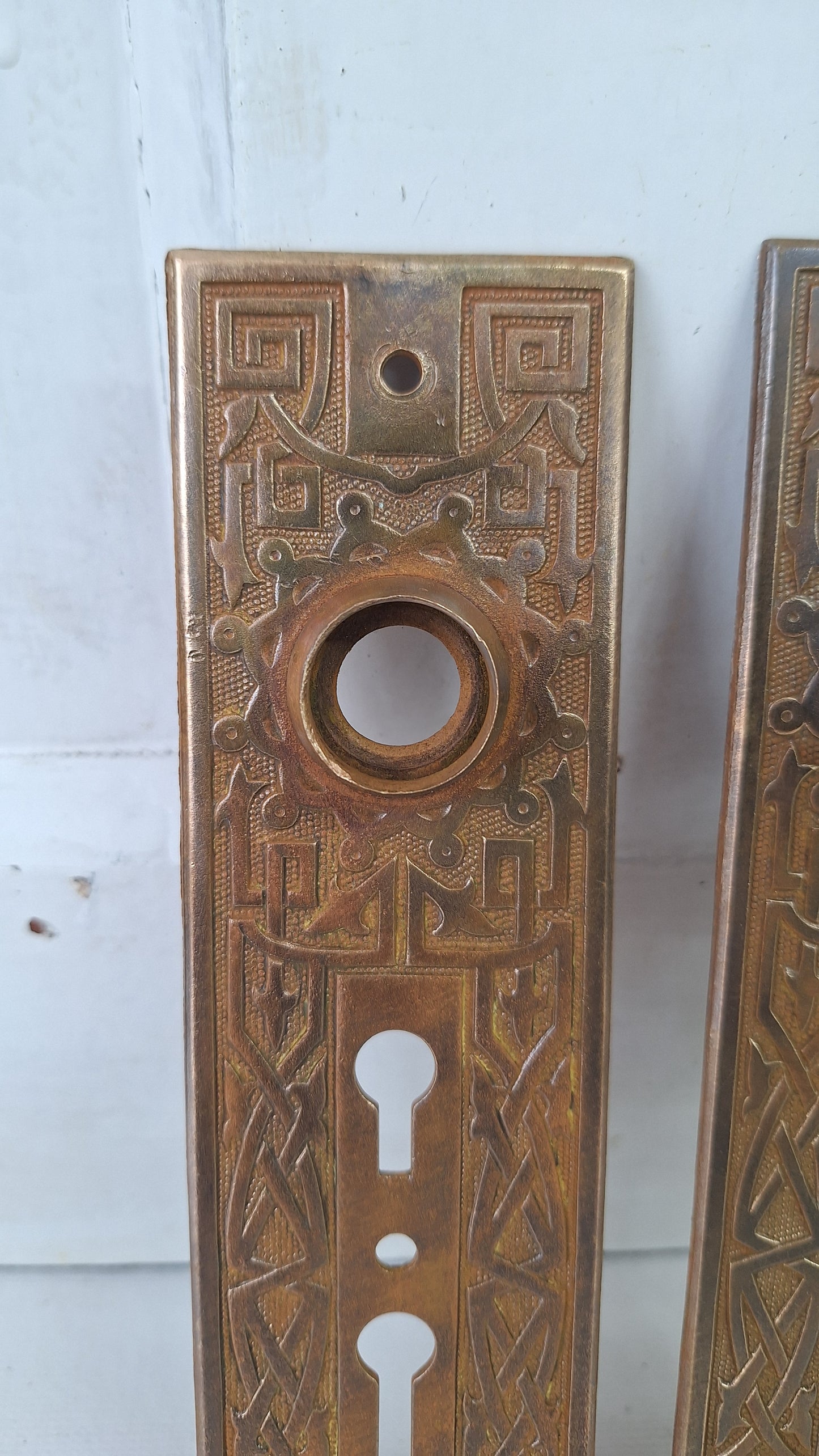Large Bronze Victorian Exterior Back Plate, Eastlake Escutcheon with Double Keyhole