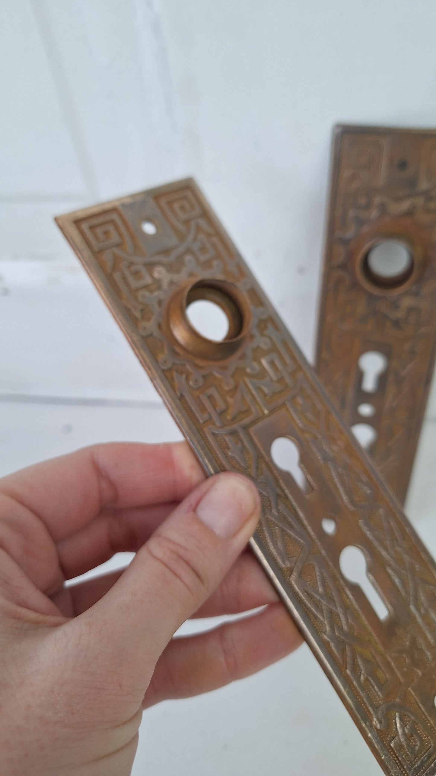 Large Bronze Victorian Exterior Back Plate, Eastlake Escutcheon with Double Keyhole