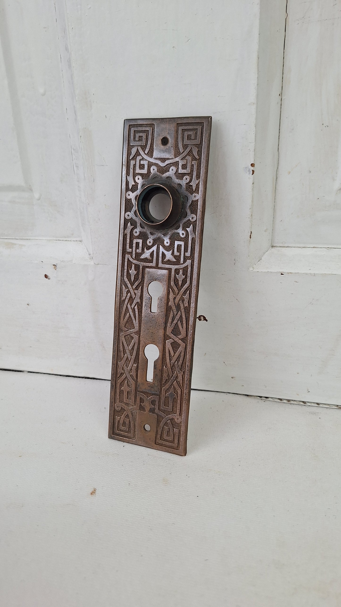 Ornate Bronze Victorian Exterior Back Plate, Eastlake Escutcheon with Double Keyhole