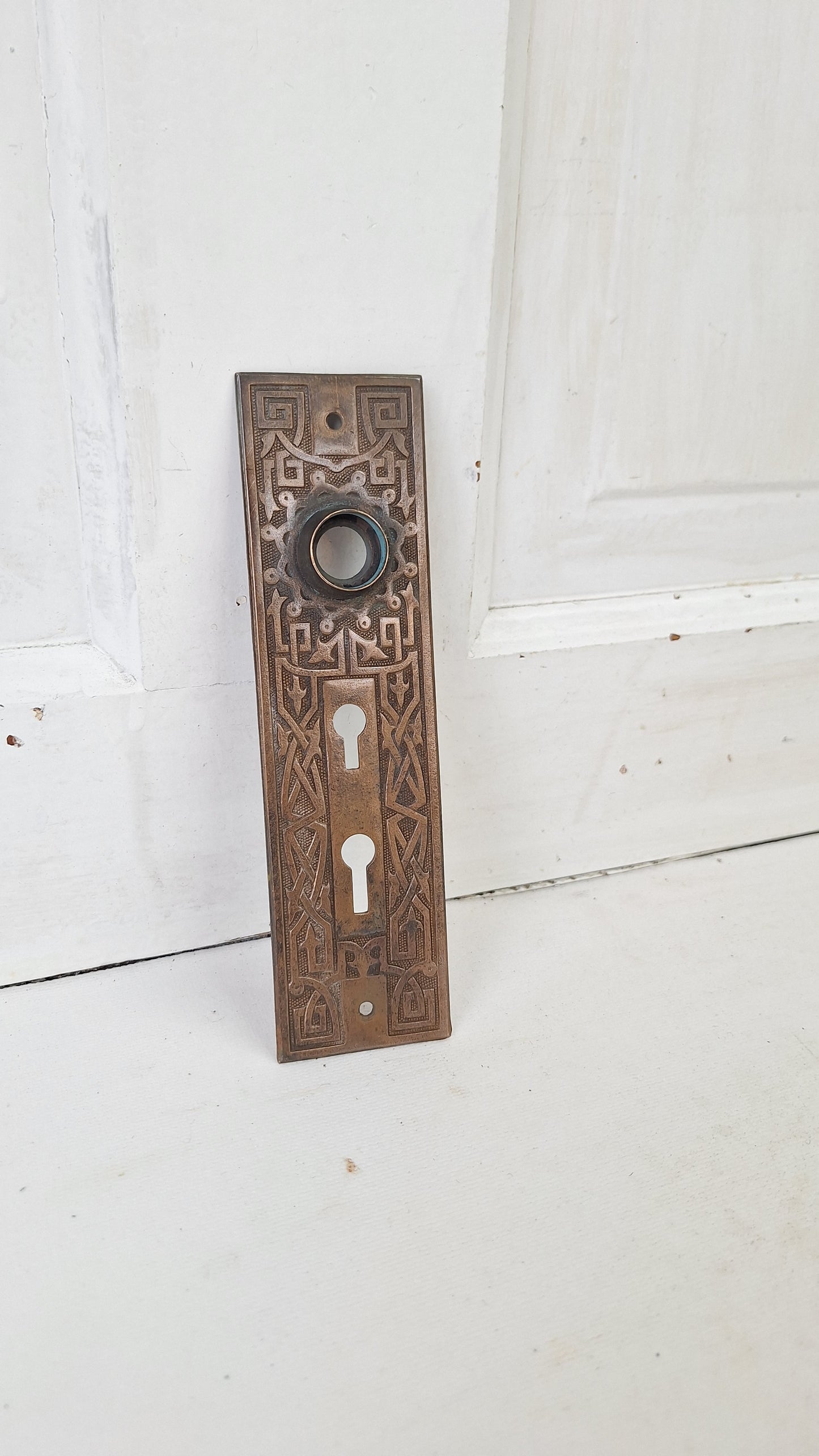 Ornate Bronze Victorian Exterior Back Plate, Eastlake Escutcheon with Double Keyhole