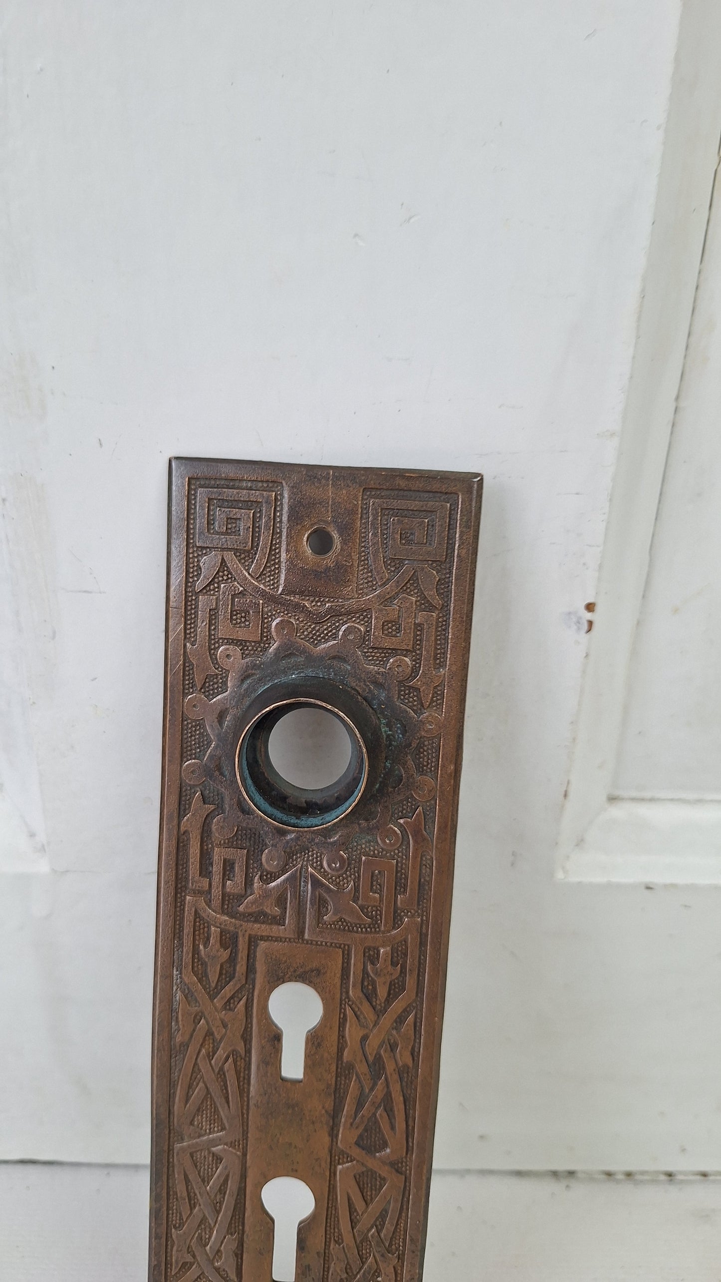 Ornate Bronze Victorian Exterior Back Plate, Eastlake Escutcheon with Double Keyhole