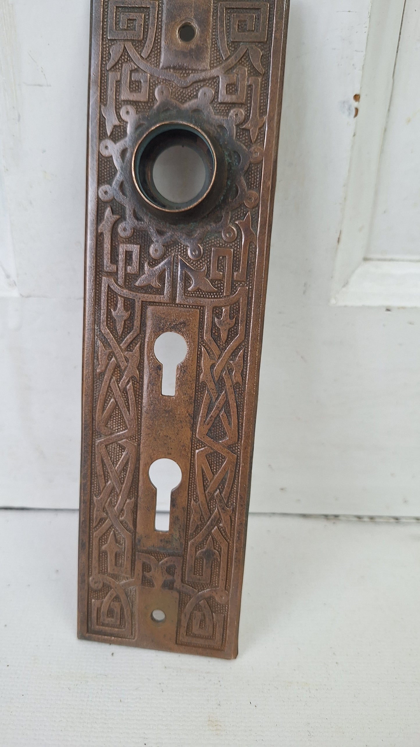Ornate Bronze Victorian Exterior Back Plate, Eastlake Escutcheon with Double Keyhole