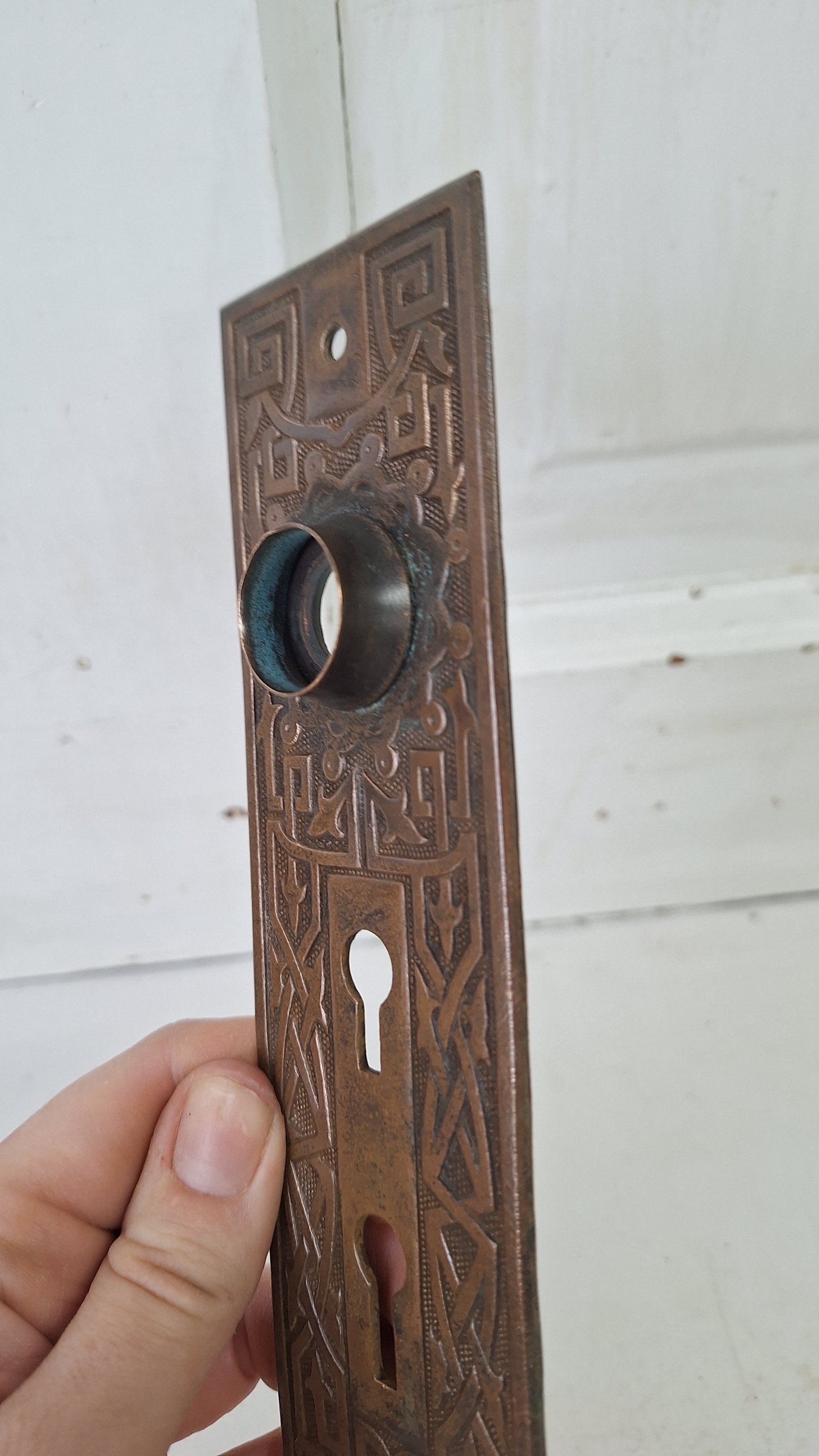 Ornate Bronze Victorian Exterior Back Plate, Eastlake Escutcheon with Double Keyhole