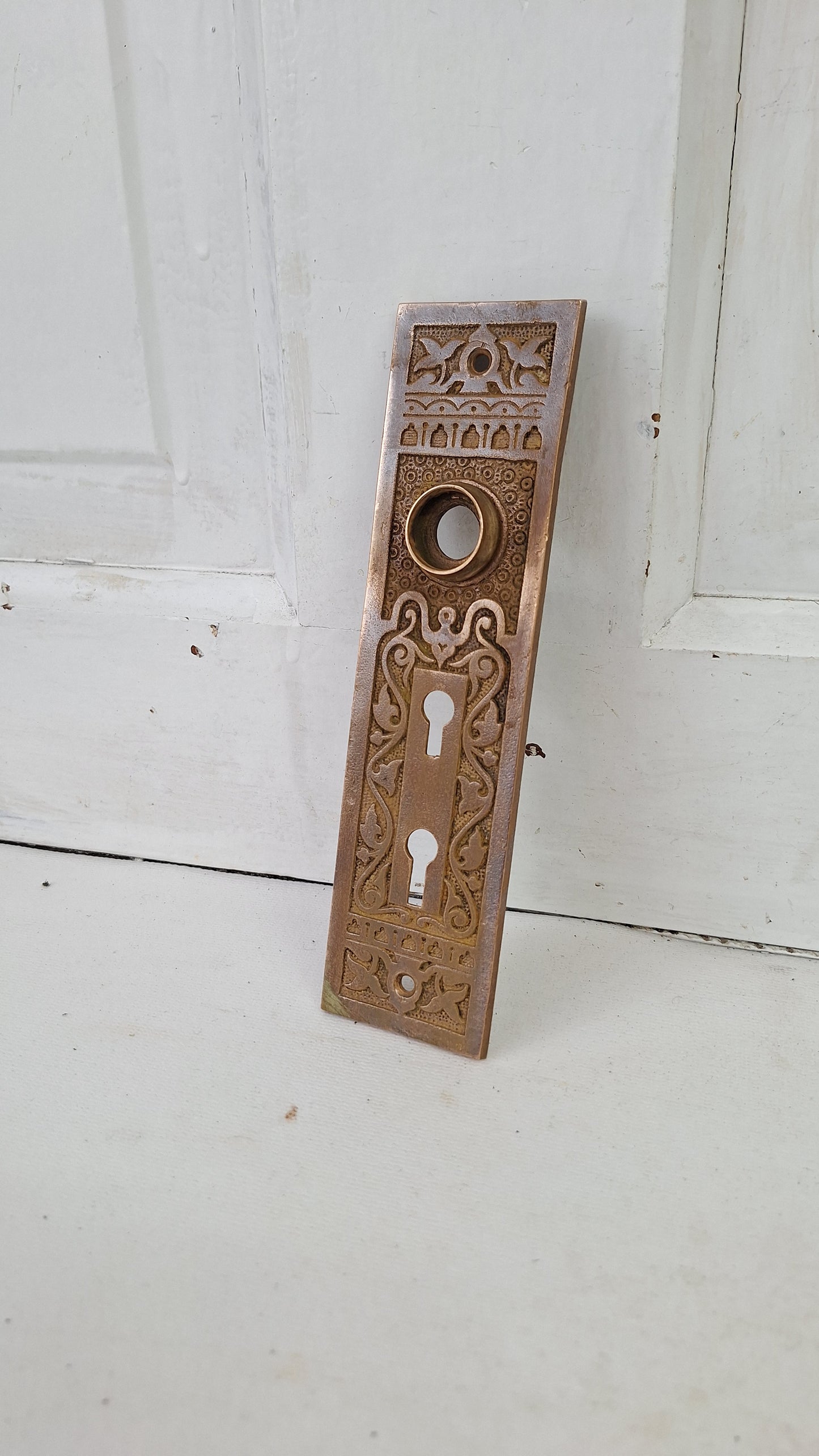 Ornate Bronze Exterior Door Plate, Antique Doorknob BackPlate Double Keyhole