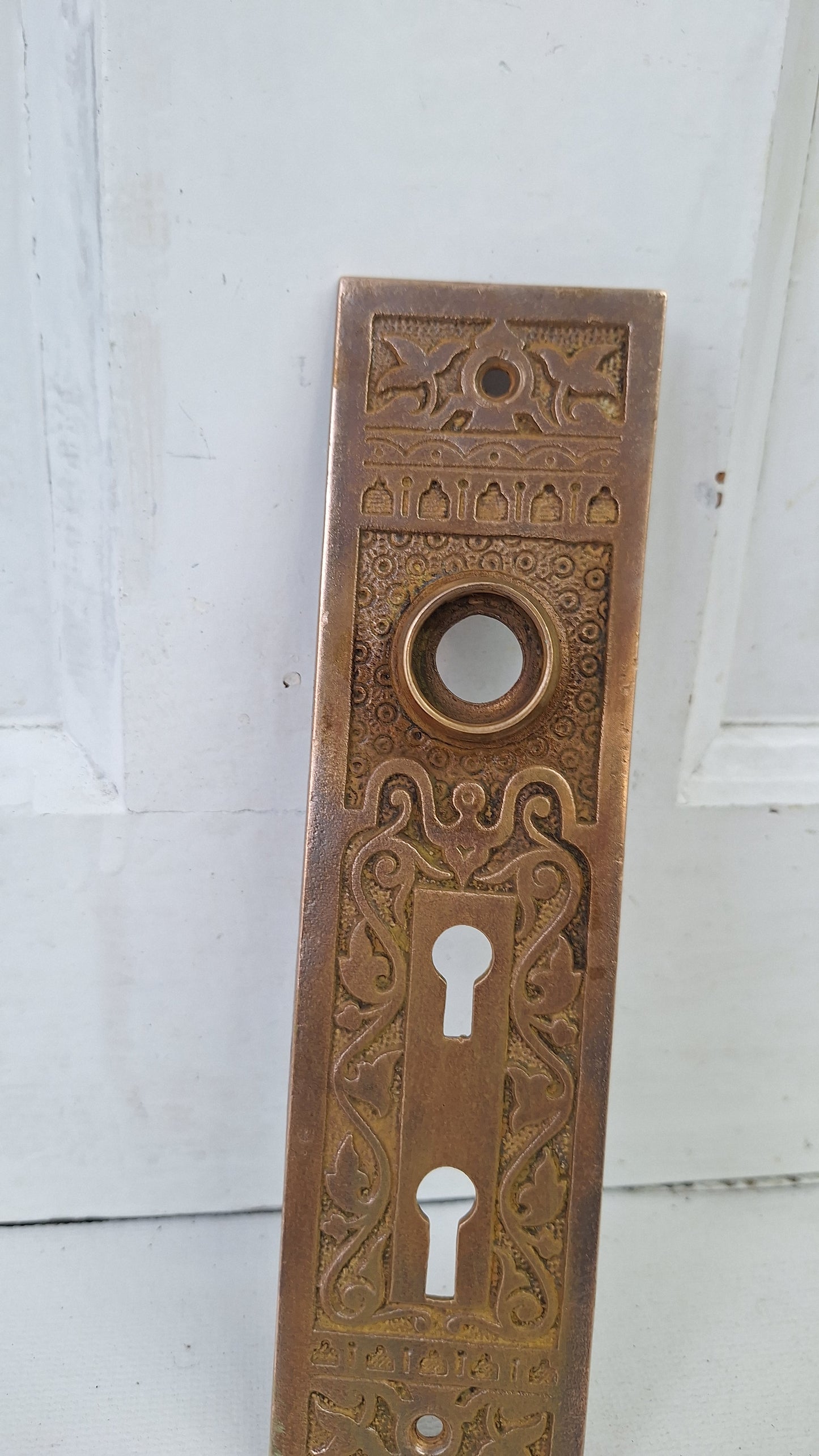 Ornate Bronze Exterior Door Plate, Antique Doorknob BackPlate Double Keyhole