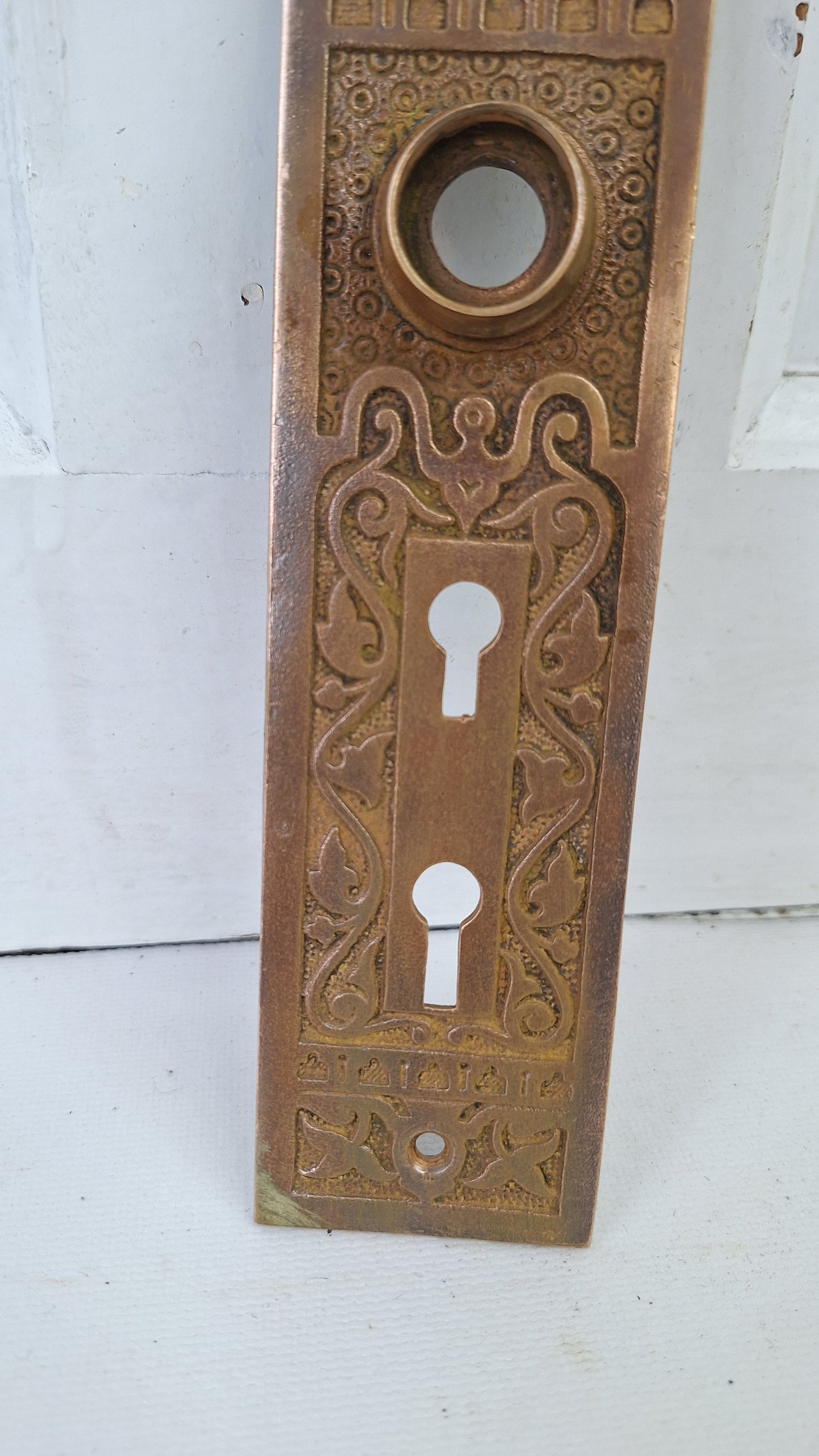 Ornate Bronze Exterior Door Plate, Antique Doorknob BackPlate Double Keyhole