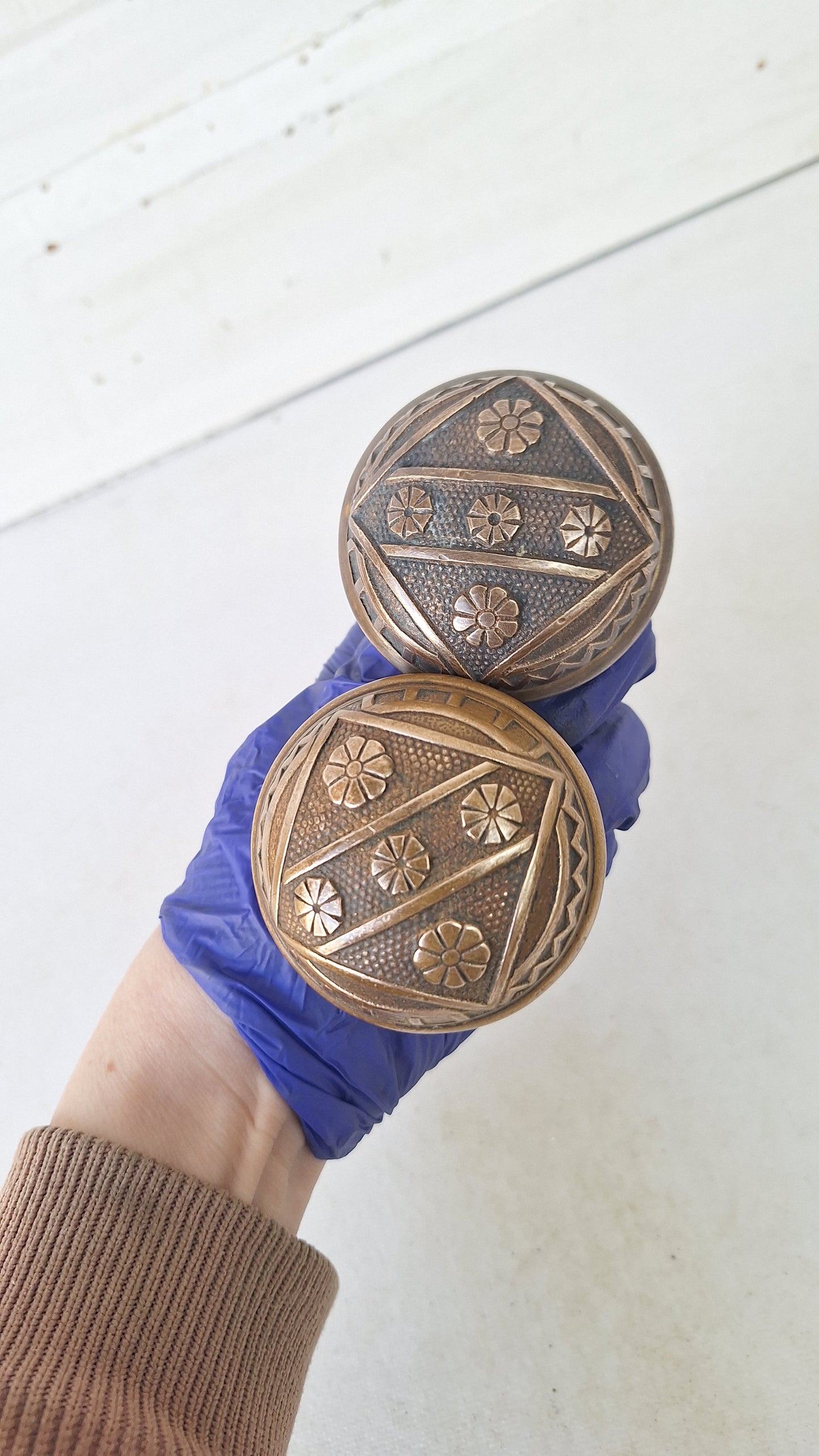 Two FC Linde Antique Bronze Doorknobs: Floral Eastlake Design