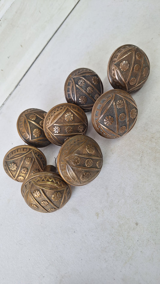 Two FC Linde Antique Bronze Doorknobs: Floral Eastlake Design