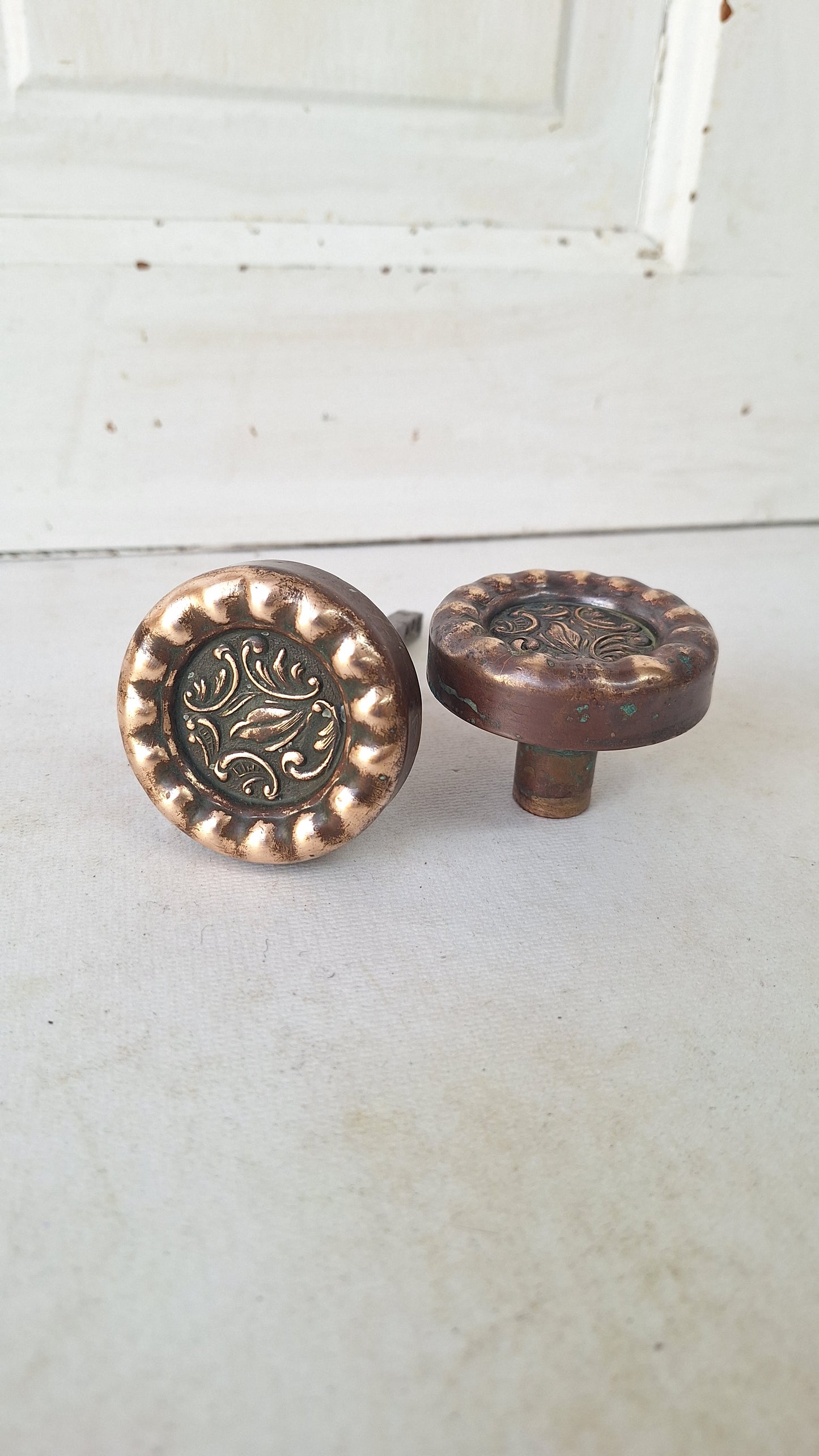 Antique Eulalia Pattern Doorknob Set, Victorian Era Bronze Door Knobs