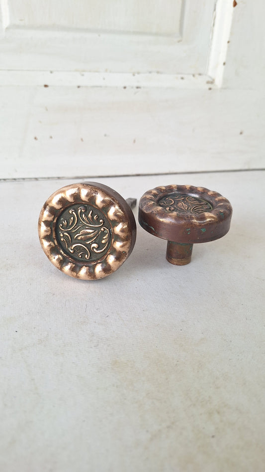 Antique Eulalia Pattern Doorknob Set, Victorian Era Bronze Door Knobs