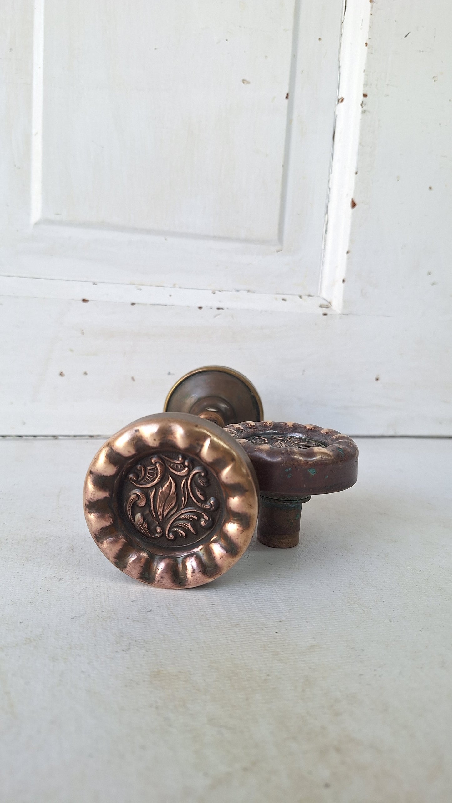 Antique Eulalia Pattern Doorknob Set, Victorian Era Bronze Door Knobs