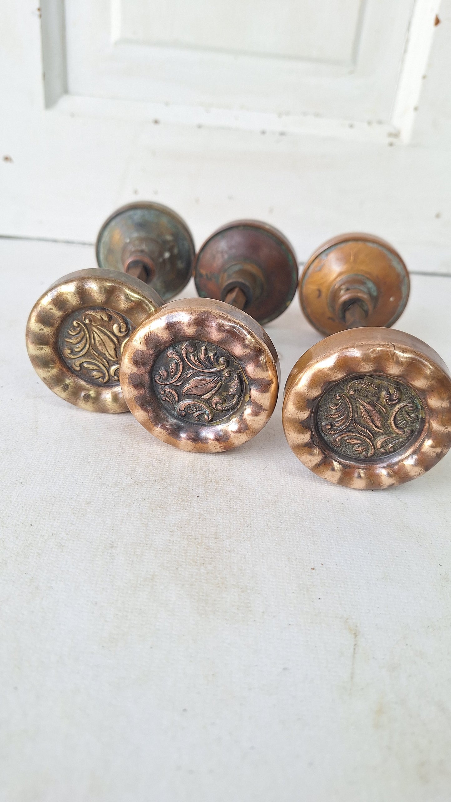 Antique Eulalia Pattern Doorknob Set, Victorian Era Bronze Door Knobs