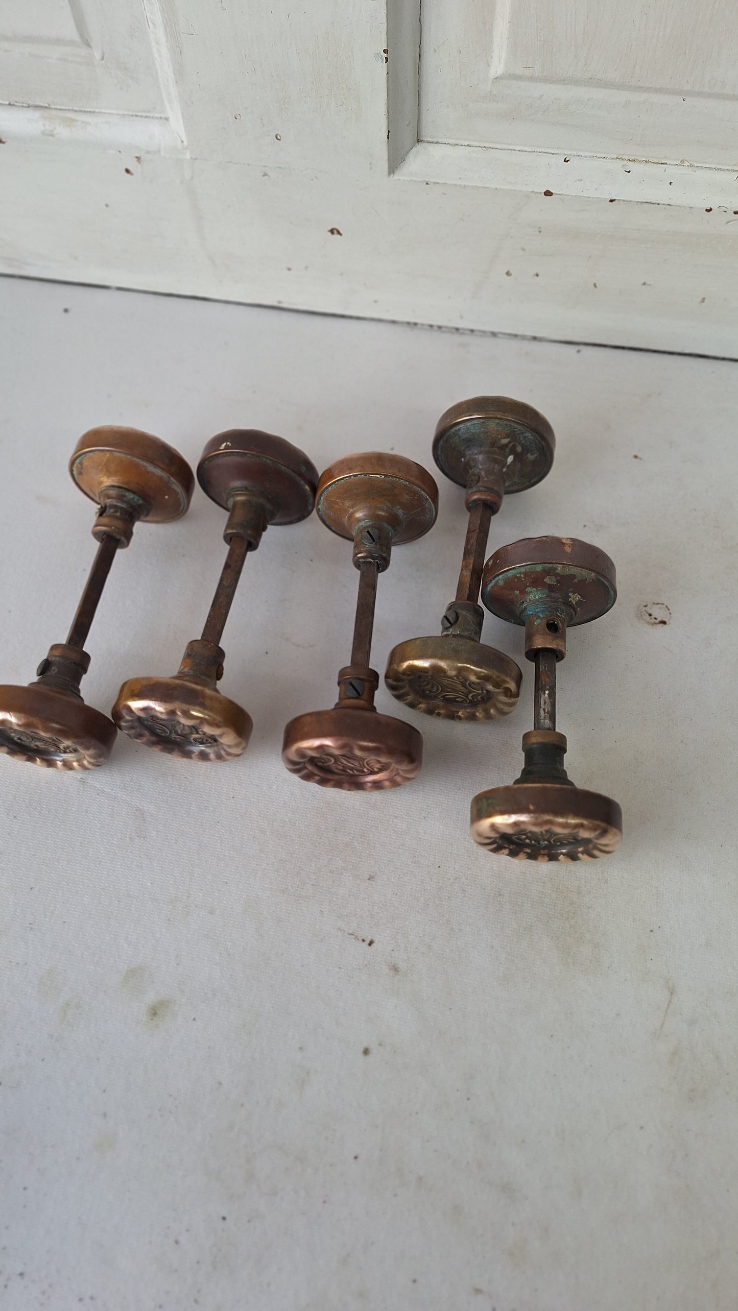 Antique Eulalia Pattern Doorknob Set, Victorian Era Bronze Door Knobs