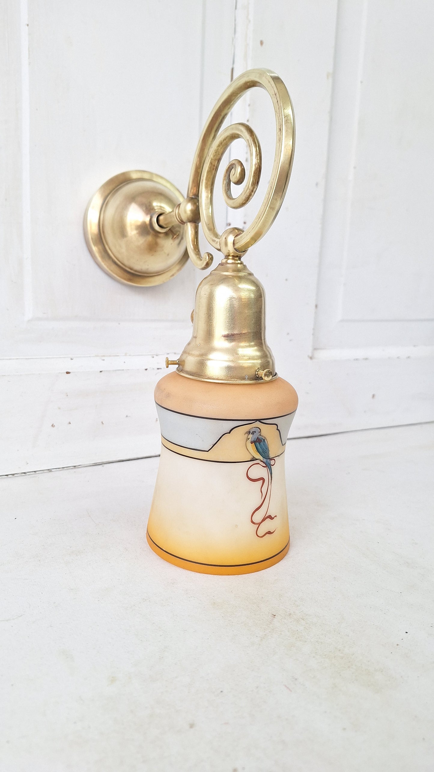 Antique Curled Arm Sconce with Painted Bird Shade, Brass Spiral Wall Light