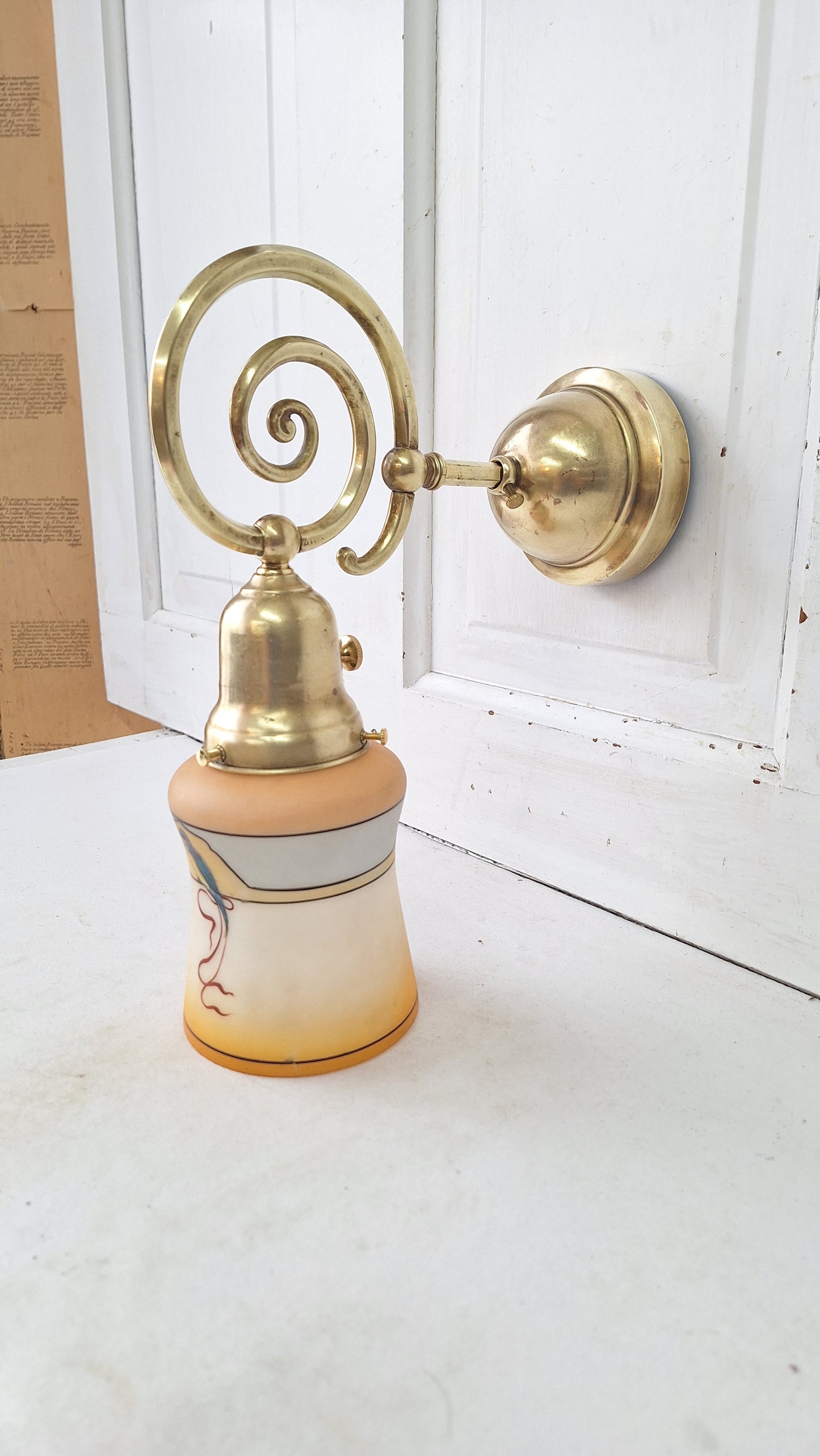 Antique Curled Arm Sconce with Painted Bird Shade, Brass Spiral Wall Light