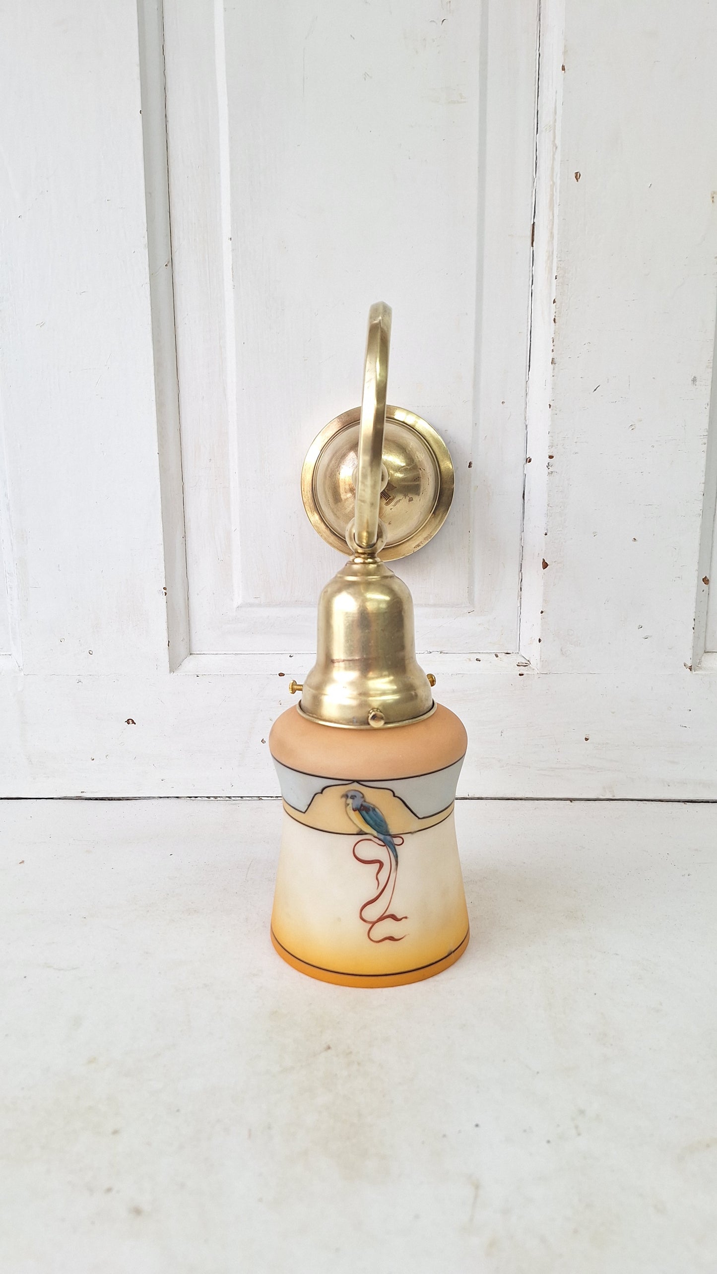 Antique Curled Arm Sconce with Painted Bird Shade, Brass Spiral Wall Light