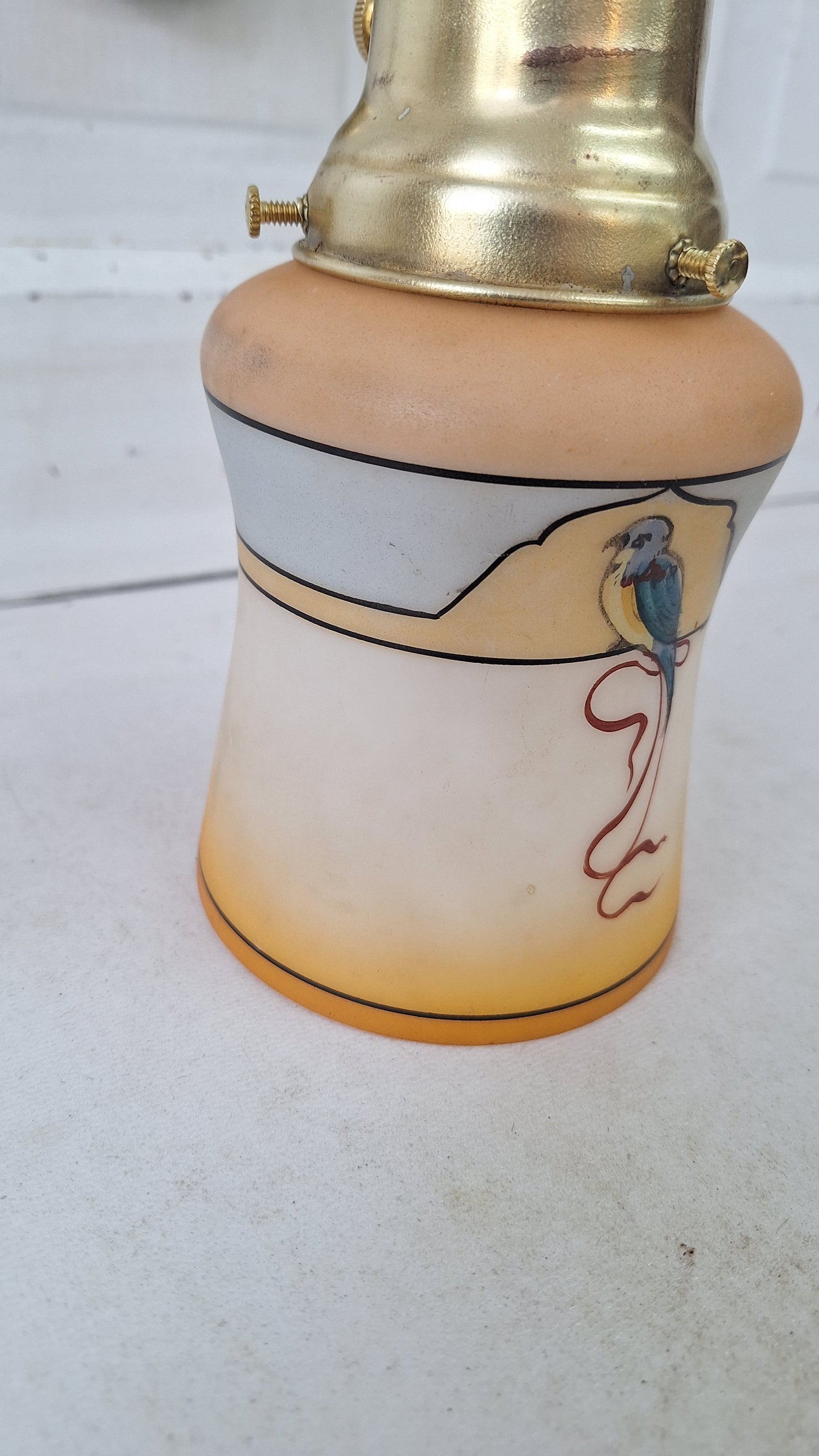 Antique Curled Arm Sconce with Painted Bird Shade, Brass Spiral Wall Light