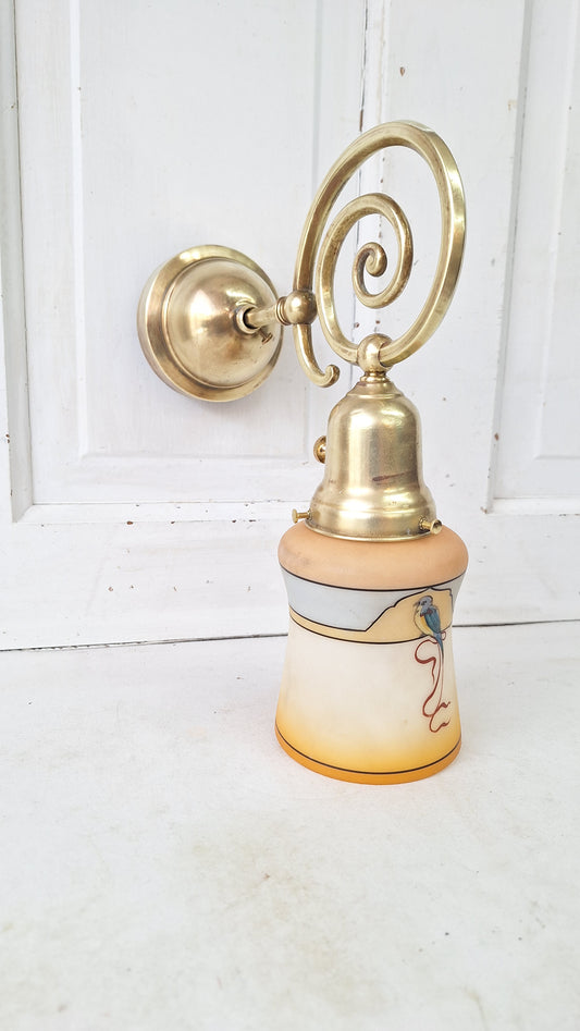 Antique Curled Arm Sconce with Painted Bird Shade, Brass Spiral Wall Light