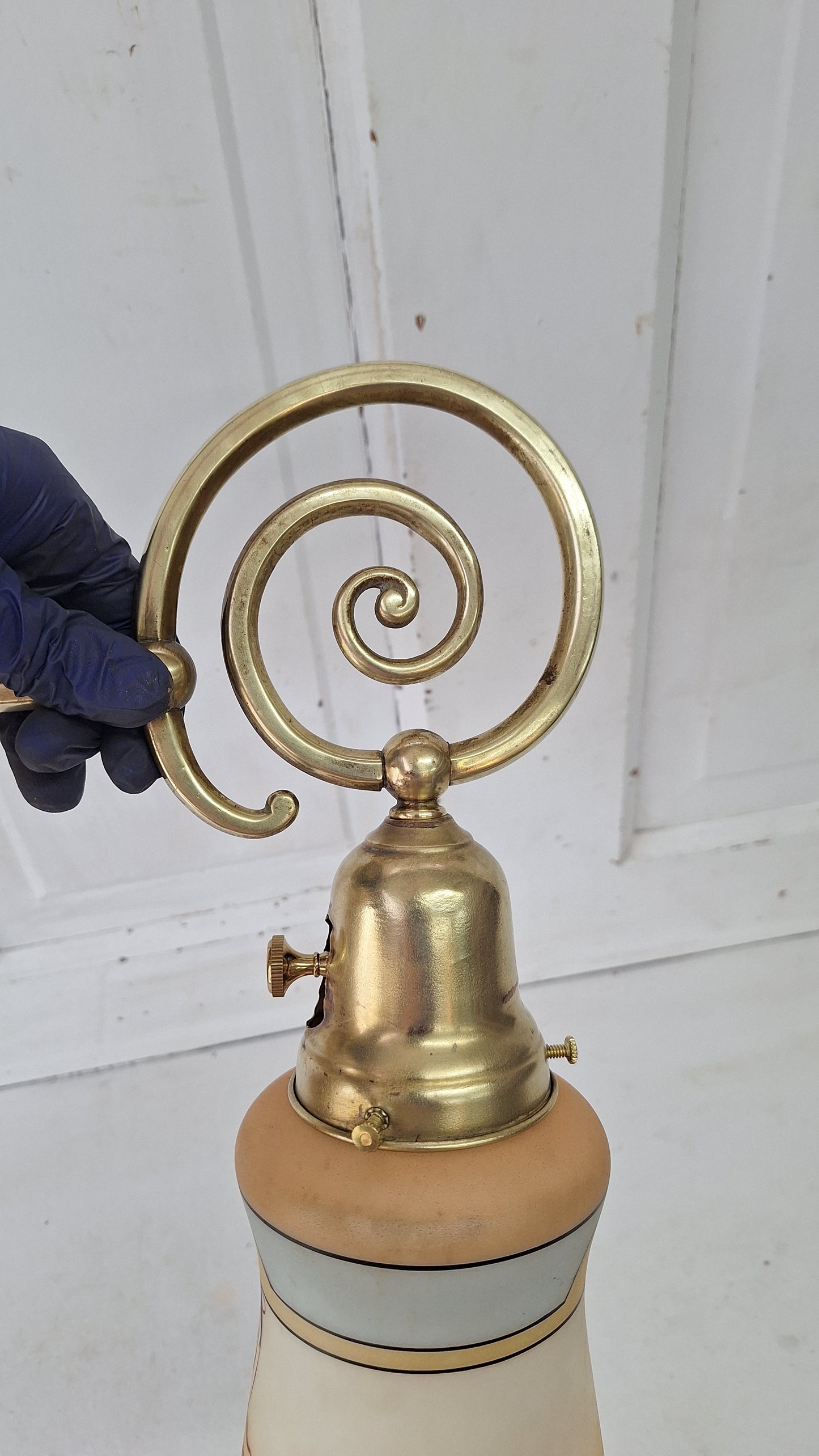 Antique Curled Arm Sconce with Painted Bird Shade, Brass Spiral Wall Light