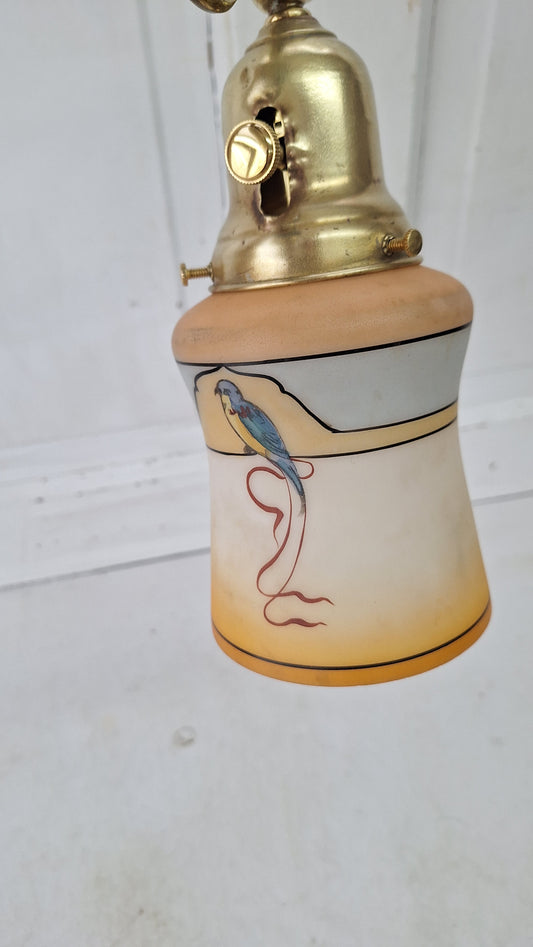Antique Curled Arm Sconce with Painted Bird Shade, Brass Spiral Wall Light