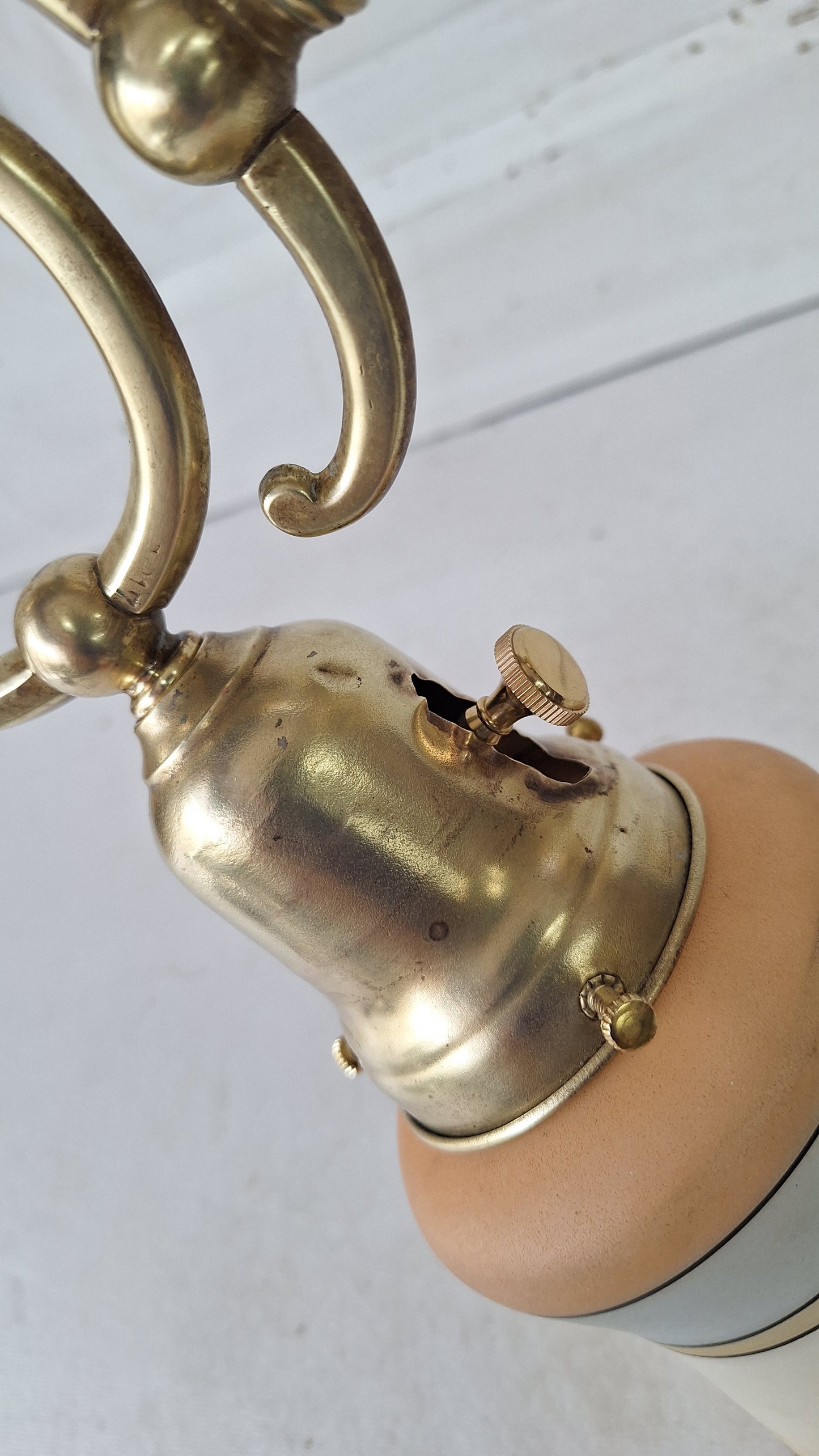 Antique Curled Arm Sconce with Painted Bird Shade, Brass Spiral Wall Light