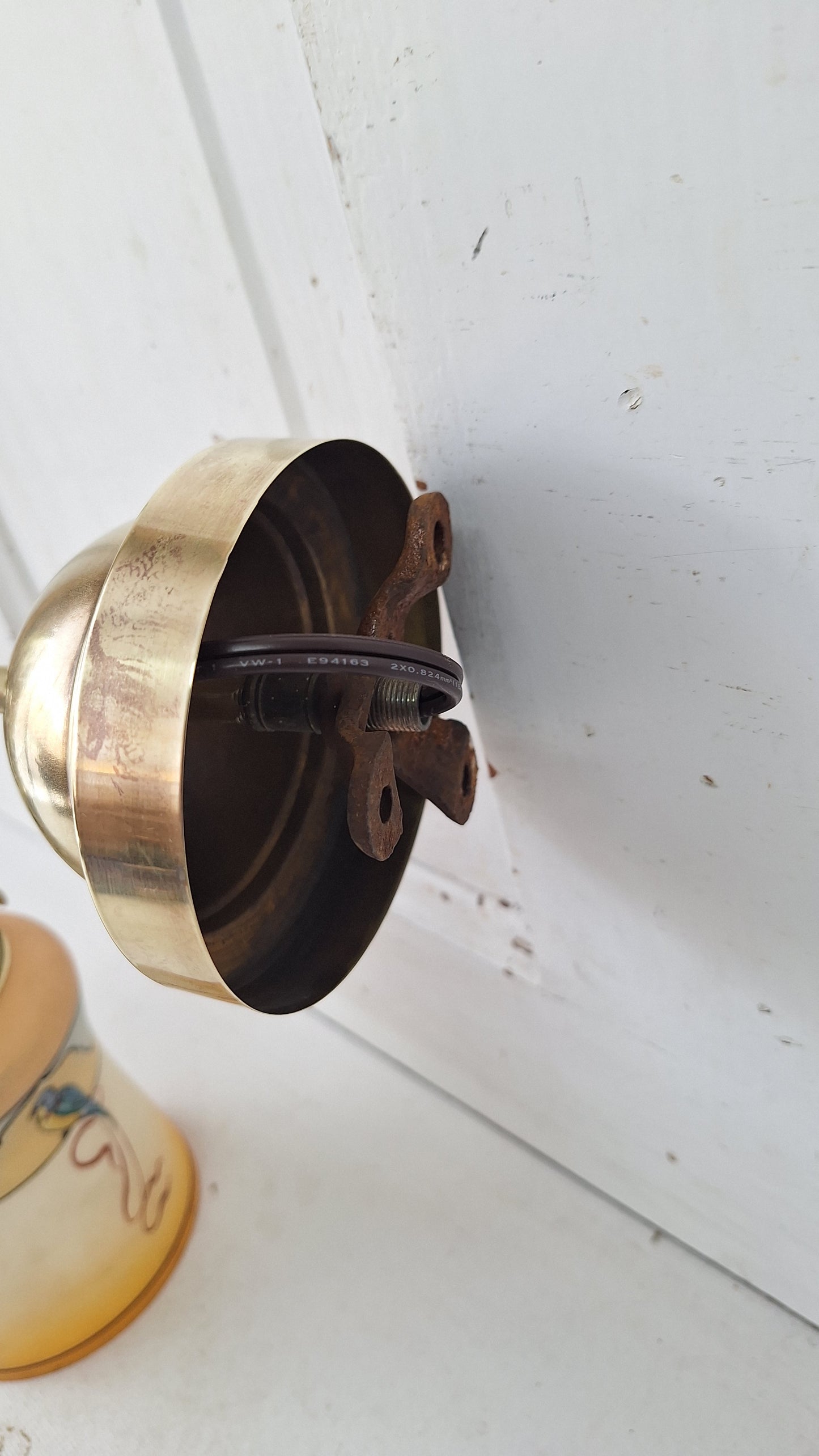 Antique Curled Arm Sconce with Painted Bird Shade, Brass Spiral Wall Light