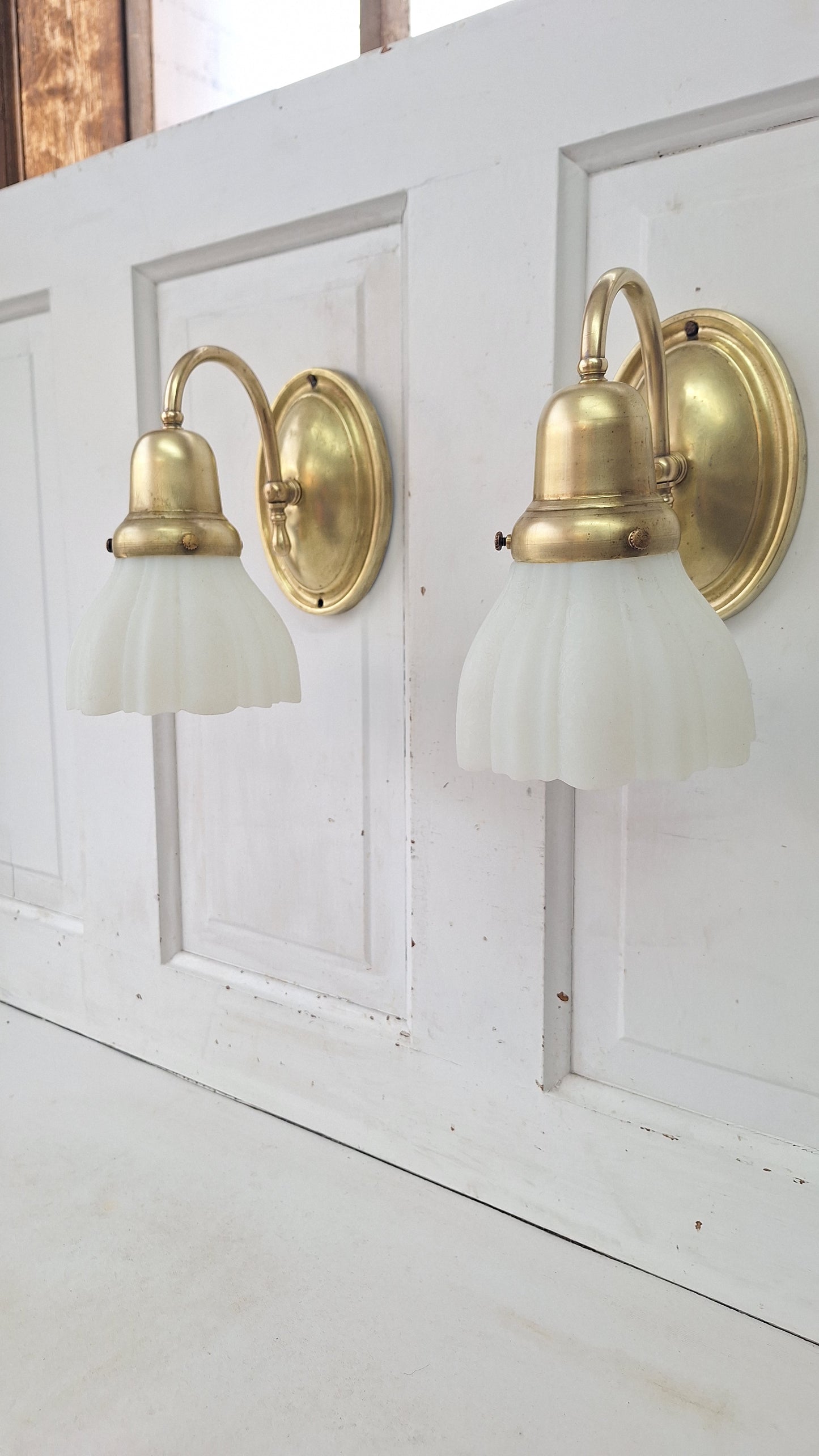 Vintage Brass Wall Sconces: Etched Glass, Architectural Salvage