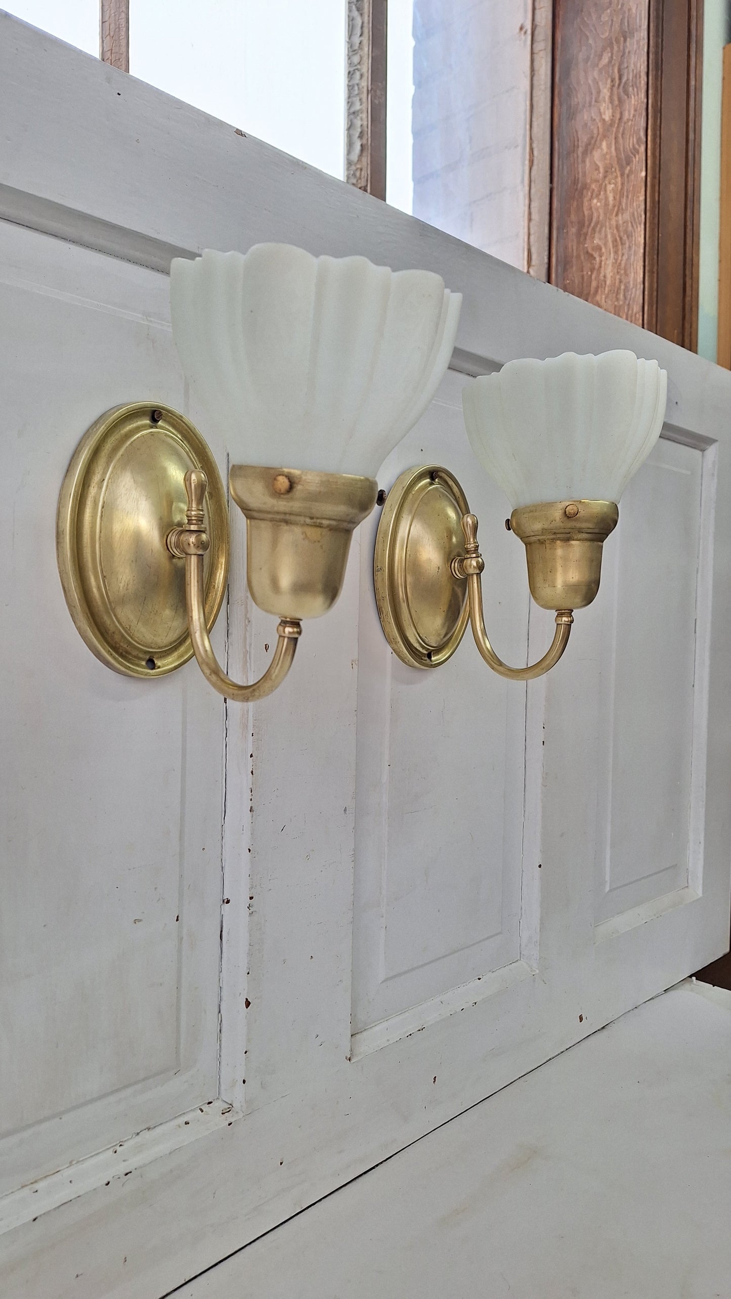 Vintage Brass Wall Sconces: Etched Glass, Architectural Salvage