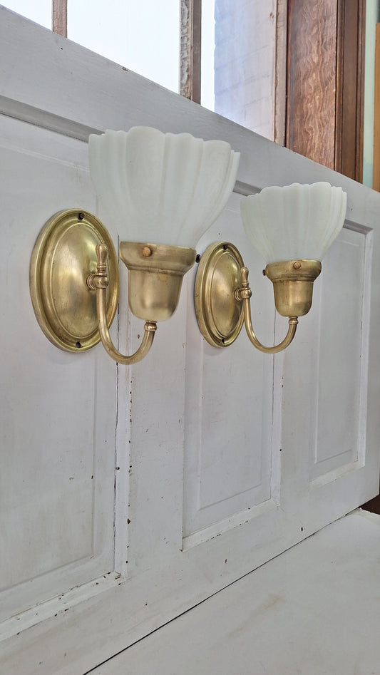 Vintage Brass Wall Sconces: Etched Glass, Architectural Salvage