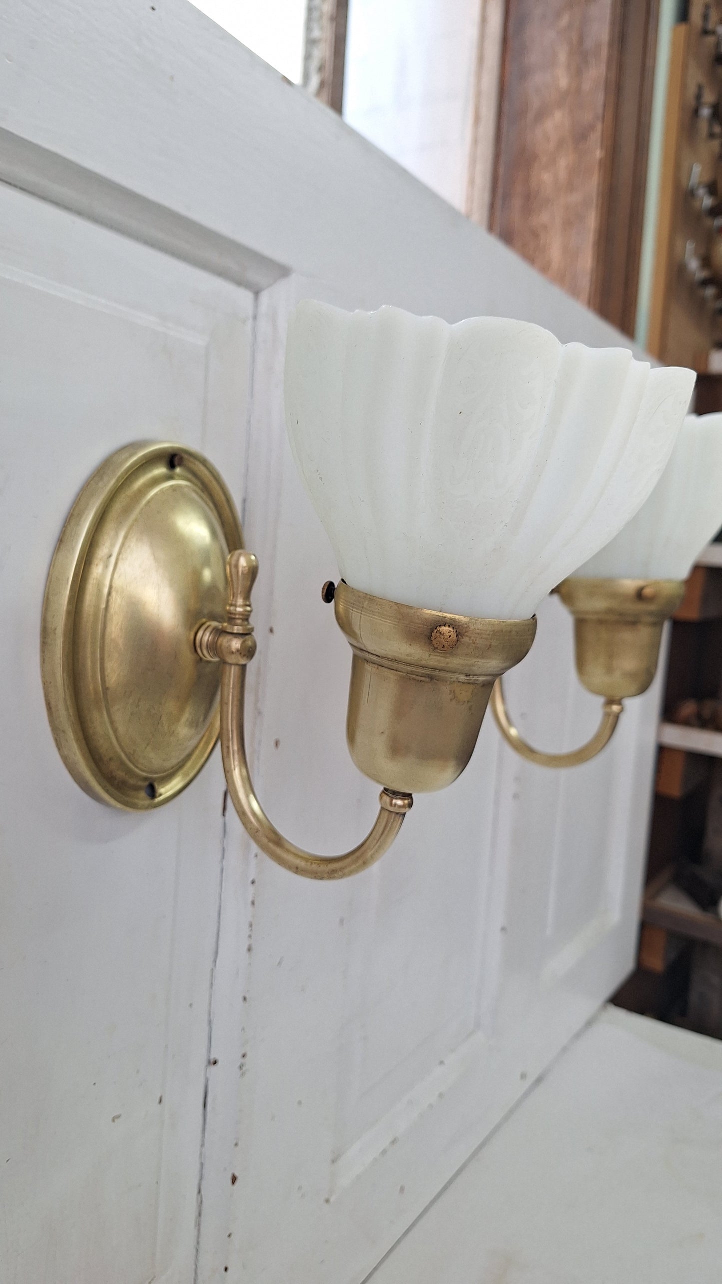Vintage Brass Wall Sconces: Etched Glass, Architectural Salvage