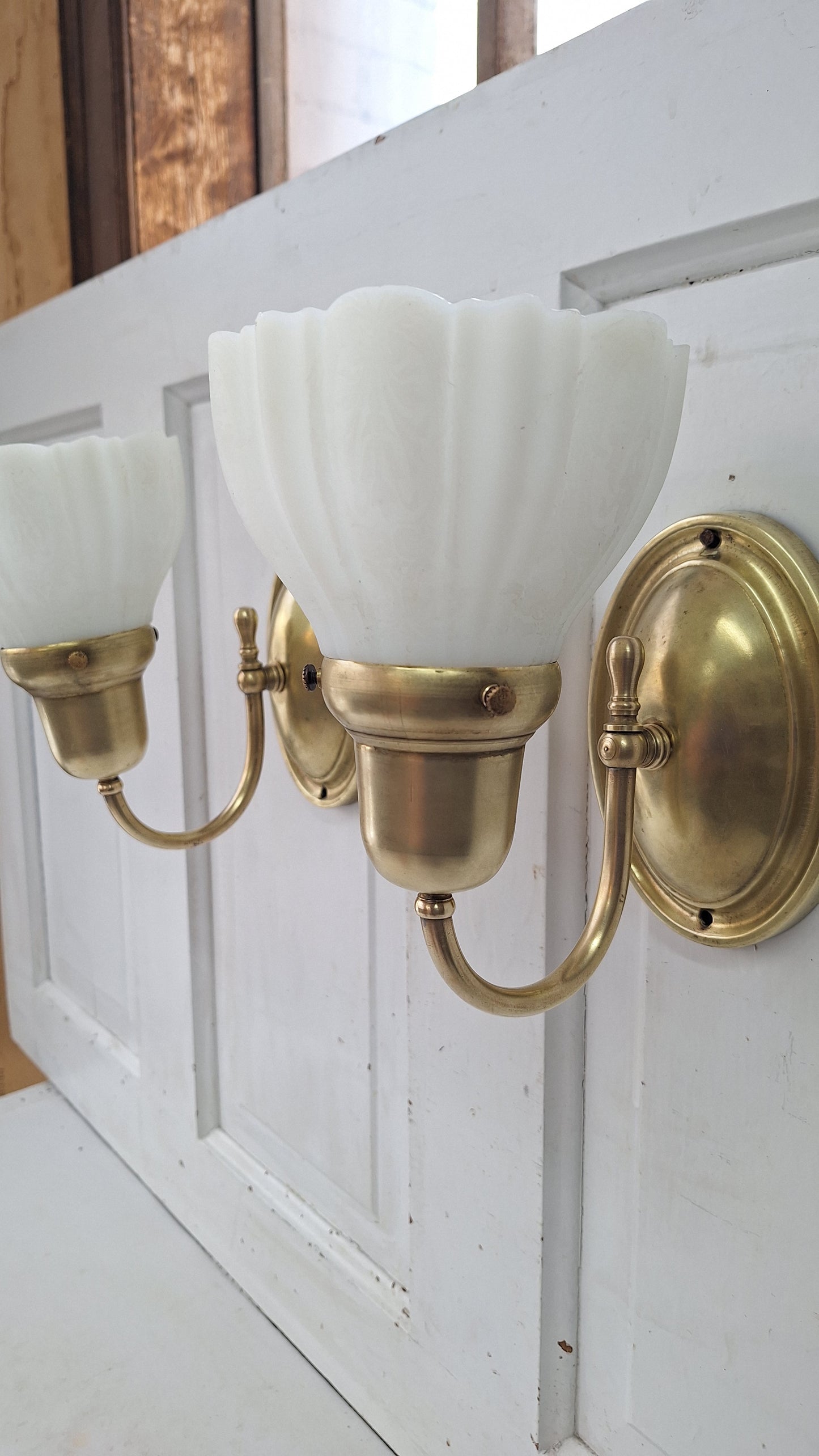 Vintage Brass Wall Sconces: Etched Glass, Architectural Salvage