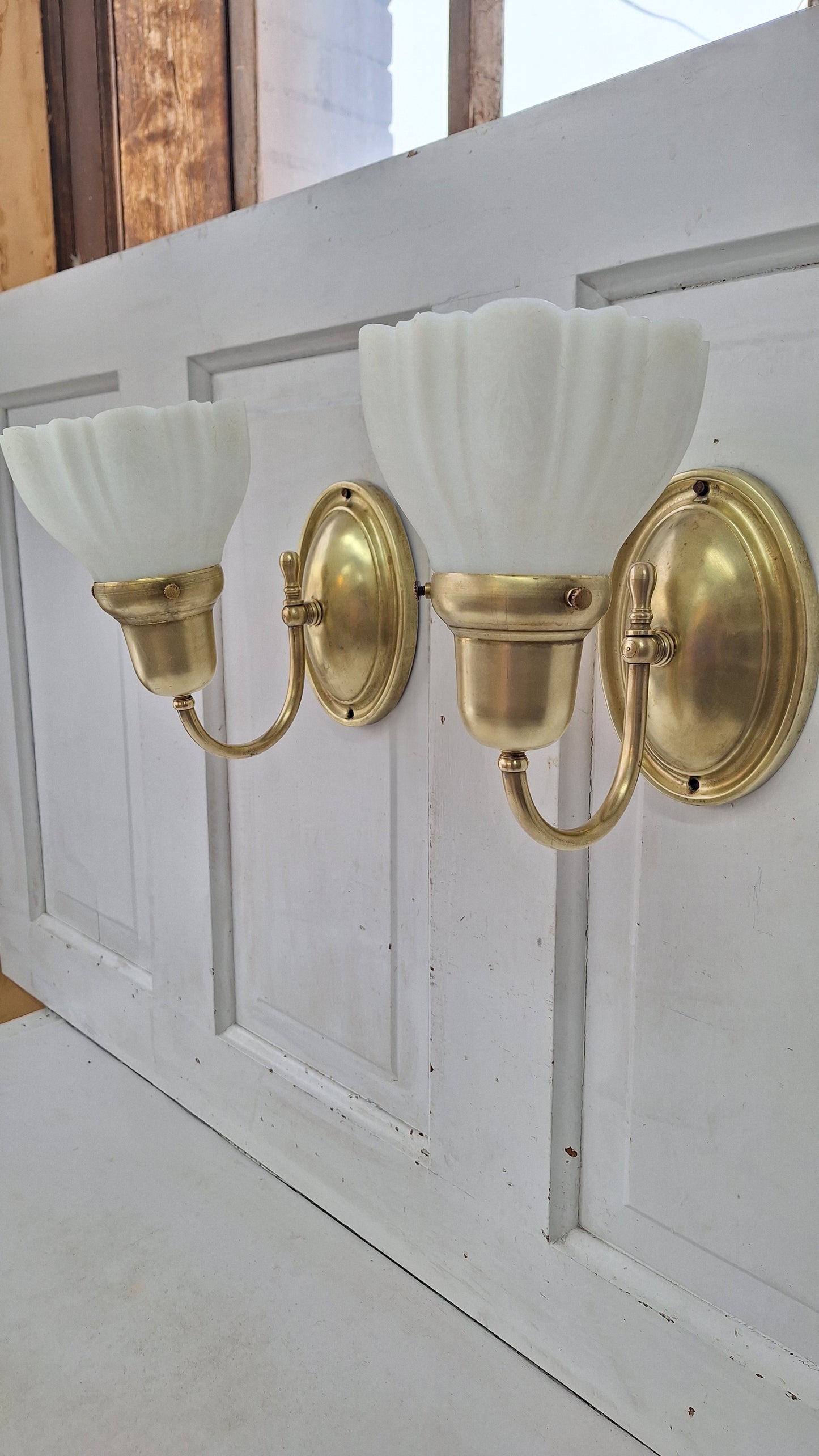 Vintage Brass Wall Sconces: Etched Glass, Architectural Salvage
