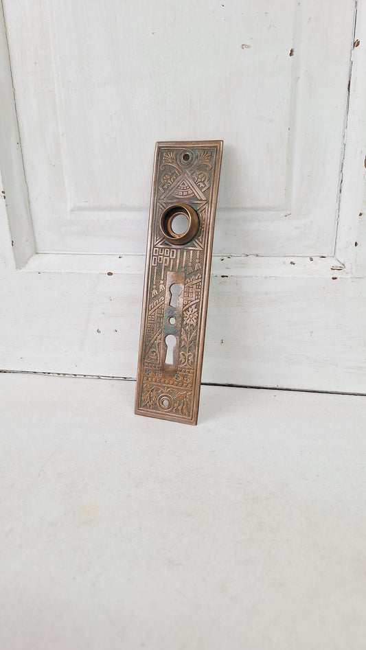 Eastlake Bronze Plate with Double Keyhole, Ceylon Pattern Entry Door Knob Backplate