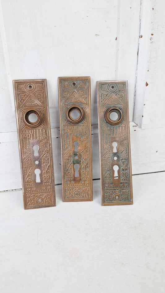 Eastlake Bronze Plate with Double Keyhole, Ceylon Pattern Entry Door Knob Backplate