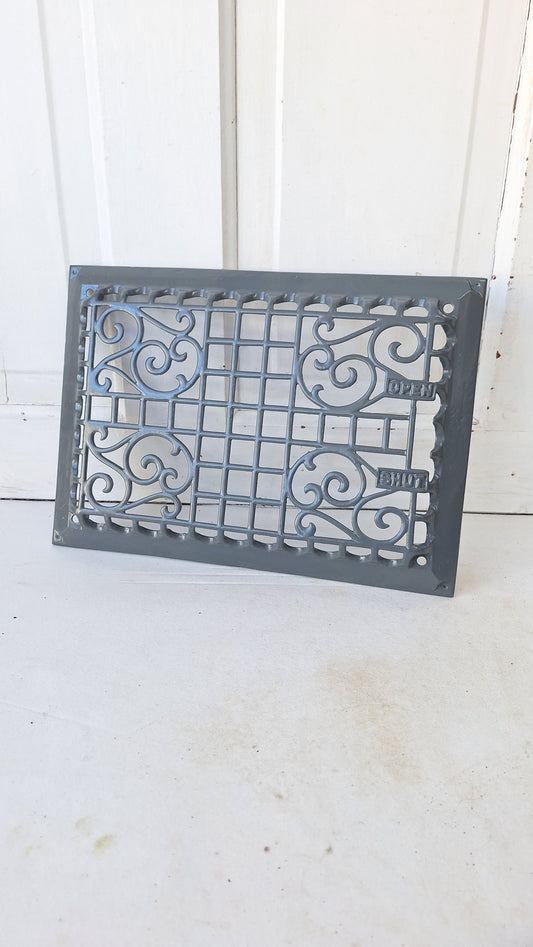 10 x 14 "Open Closed" Raised Wall Vent Cover, Antique Cast Iron Ornate Register Grate