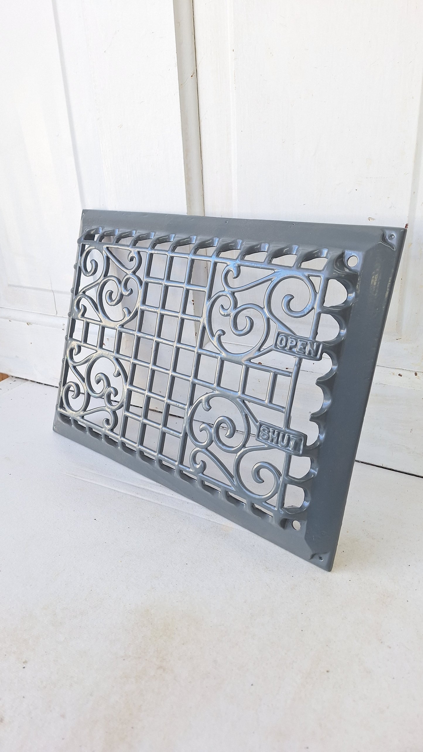 10 x 14 "Open Closed" Raised Wall Vent Cover, Antique Cast Iron Ornate Register Grate