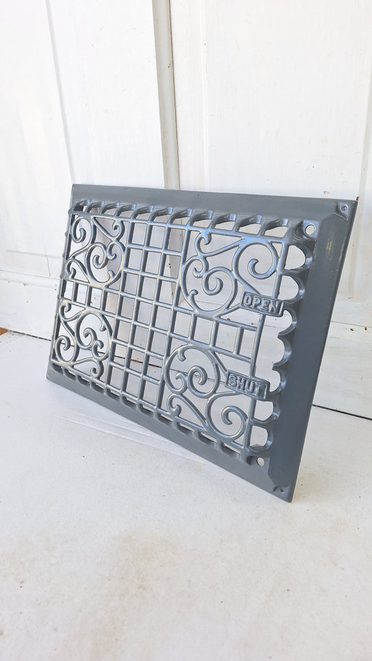 10 x 14 "Open Closed" Raised Wall Vent Cover, Antique Cast Iron Ornate Register Grate