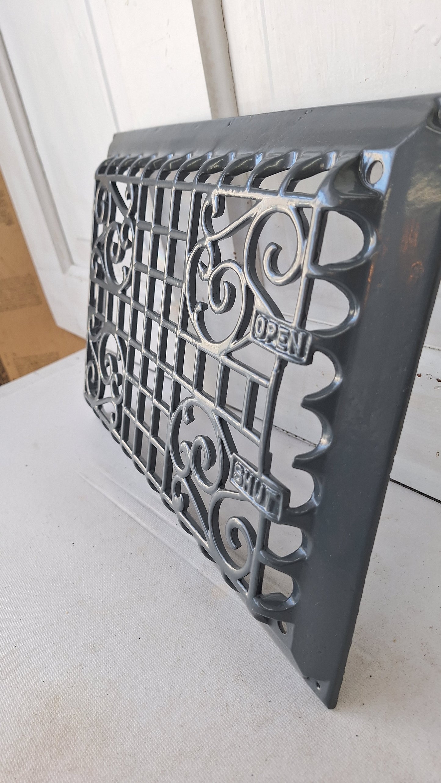 10 x 14 "Open Closed" Raised Wall Vent Cover, Antique Cast Iron Ornate Register Grate