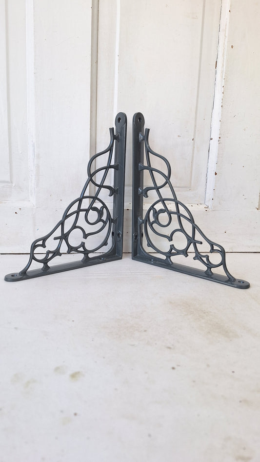 8 x 10 Antique Iron Shelf Brackets, Floral Design Victorian Shelf Supports