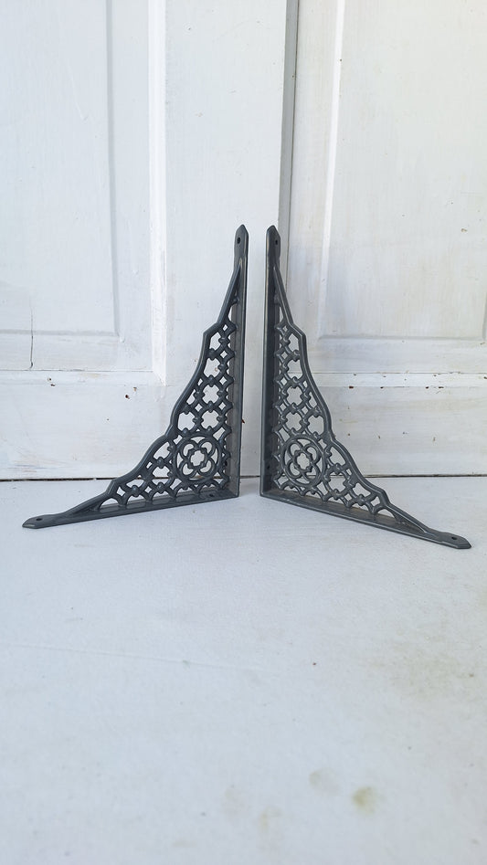 7 x 9 Antique Iron Shelf Brackets, Floral Design Victorian Shelf Supports