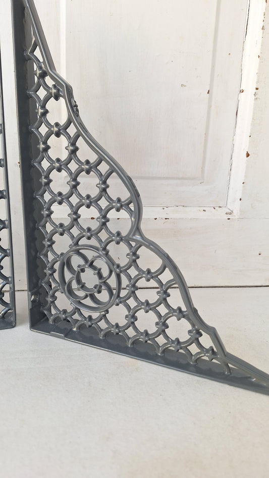 9 x 12 Antique Iron Shelf Brackets, Floral Design Victorian Shelf Supports