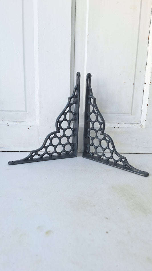 8 x 10 Antique Cast Iron Shelf Brackets, Floral Design Victorian Shelf Supports